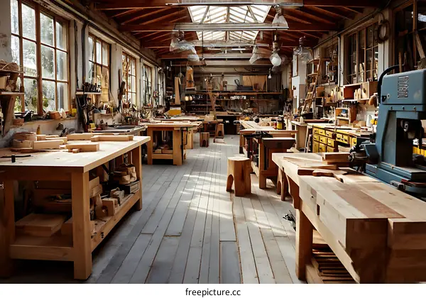 Spacious Wooden Workshop with Carpentry Tools