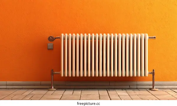 Vintage White Radiator Against Orange Wall