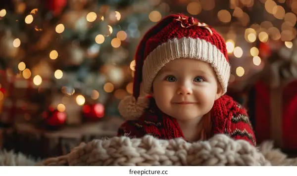 An adorable baby girl in a Santa hat is sitting in front of a Christmas tree