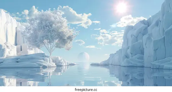 Snow-Covered Forest Landscape with a Towering White Tree