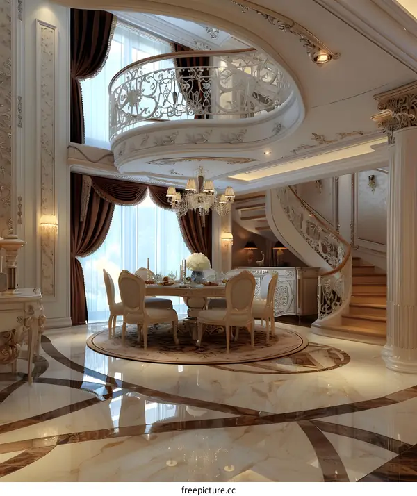 Luxury Interior Design with Ornate Staircase and Chandelier