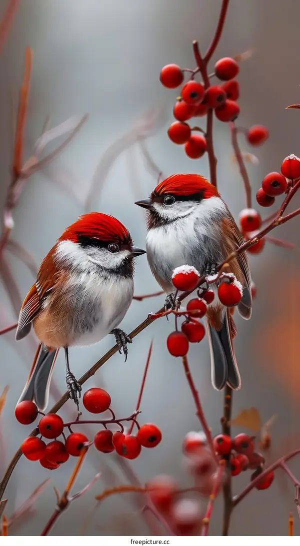 Two birds on a branch with red berries