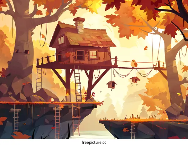Autumn Treehouse Landscape Illustration