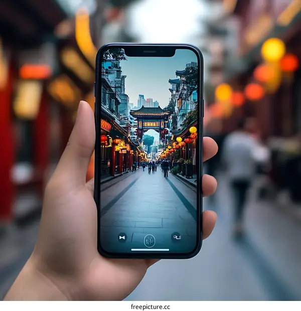 Smartphone Capture of a Chinese City Street Scene with Red Lanterns
