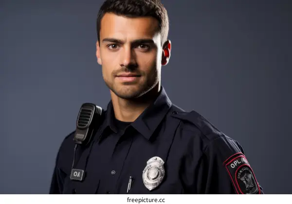A police officer in uniform with a serious expression on his face