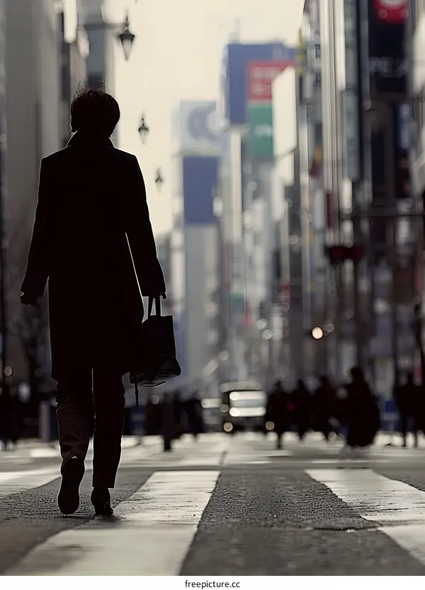Silhouette of a Woman Walking on a Crosswalk in a Busy City