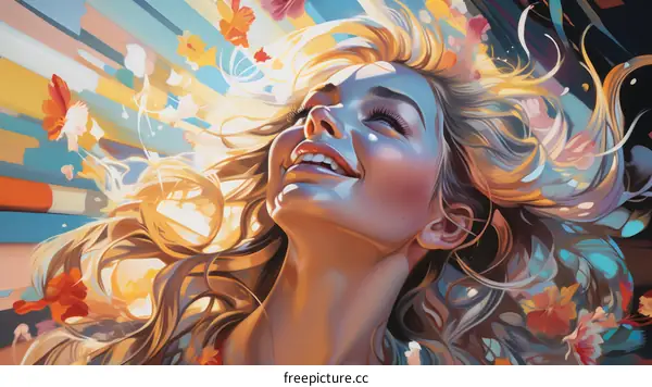 Ecstatic woman with blonde hair and closed eyes surrounded by colorful flower petals