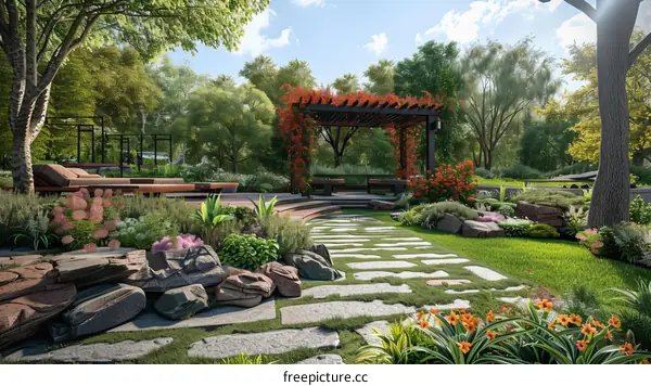 A Beautiful Garden with Pergola, Stone Path, and Blooming Flowers