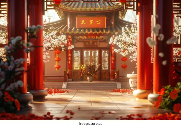 Tranquil Chinese Courtyard with Red Lanterns and Pink Blossoms