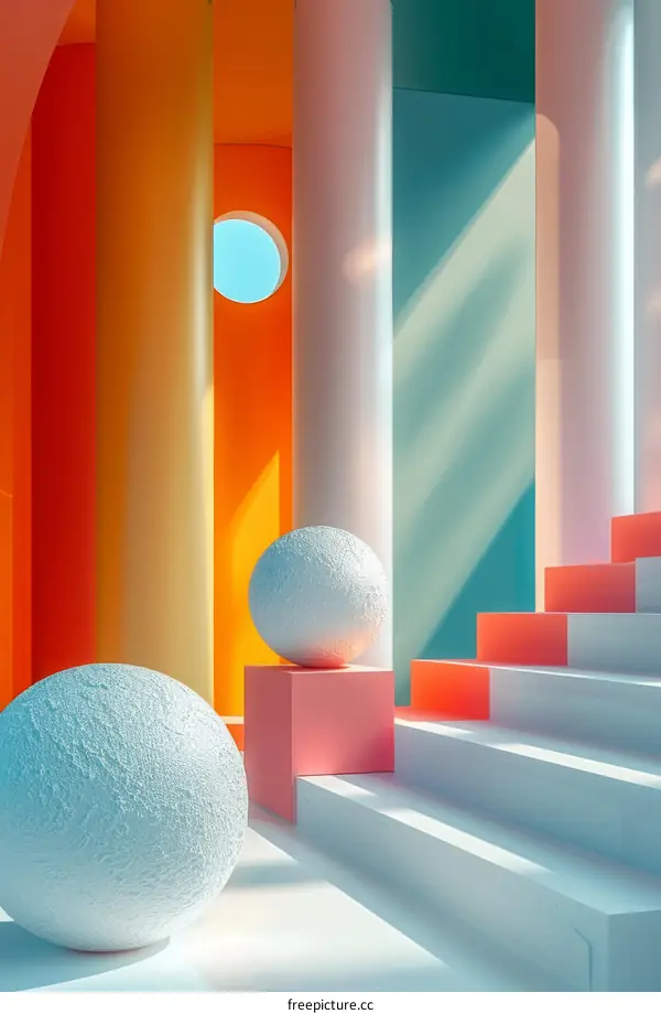 3D Minimal Pastel Room with Large Sphere and Stairs