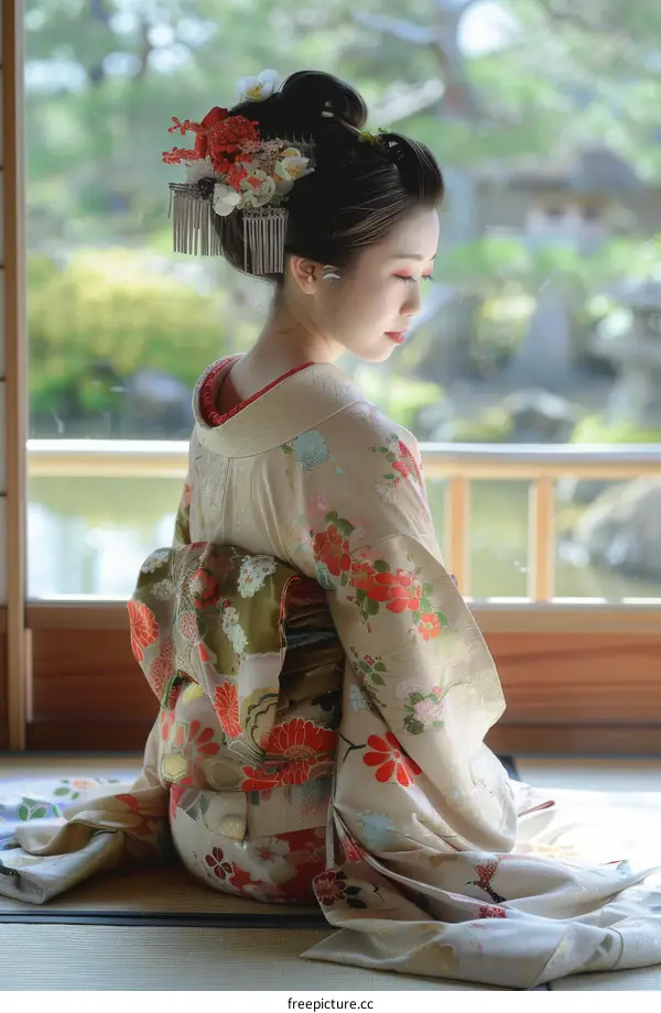 A Japanese maiko sits on the floor with her back to the camera