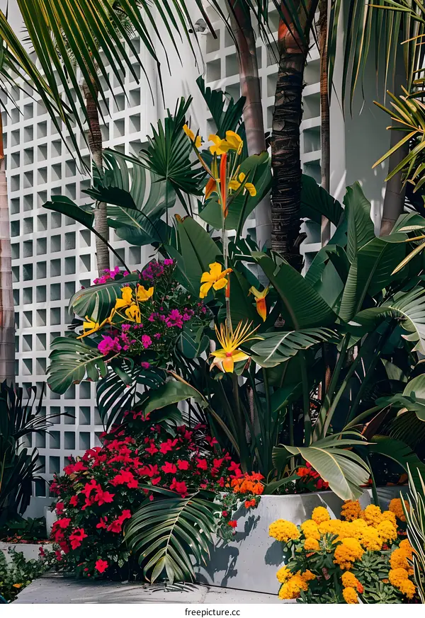 Tropical Garden with Palm Trees and Colorful Flowers