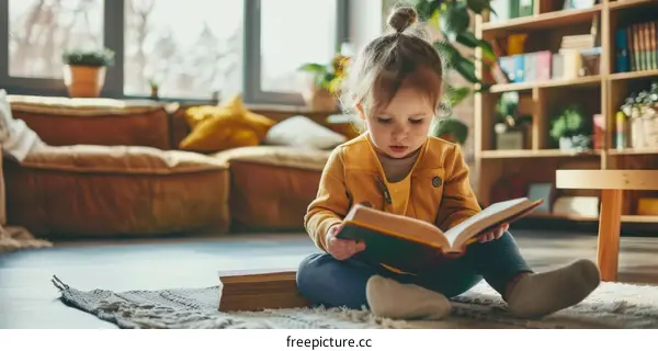 Little girl is sitting on the floor and reading a book