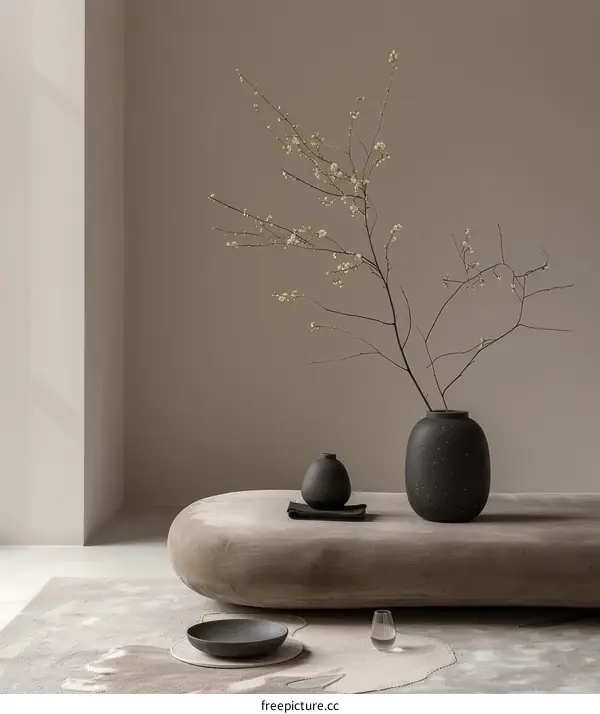 A Stylish Still Life with a Black Vase and White Blossoms