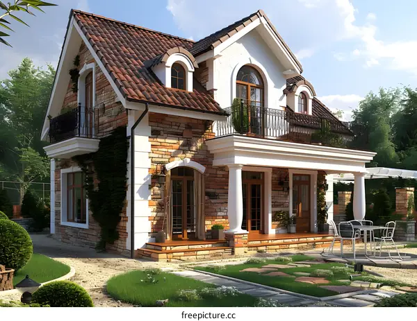 European style house with brick and wood exterior
