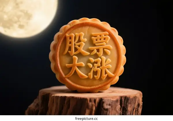 Mooncake with Chinese characters 'Stock Soaring' under the full moon