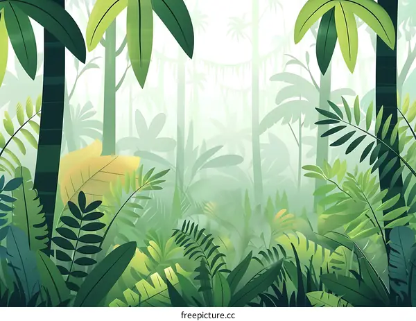 Green Jungle Foggy Forest Background Illustration