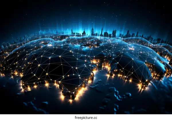 A digital illustration of a glowing blue and yellow globe with a network of connections.