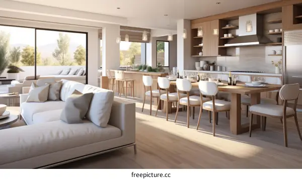 An illustration of a modern house interior with a living room, dining room, and kitchen