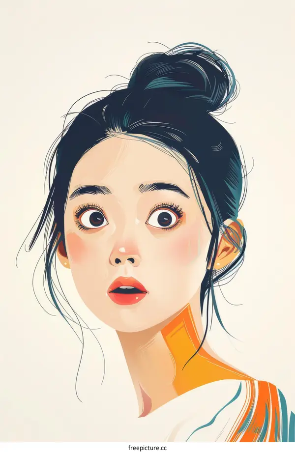 Illustration of a young woman with dark hair and a surprised expression on her face