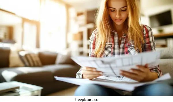Woman reviewing house plans at home