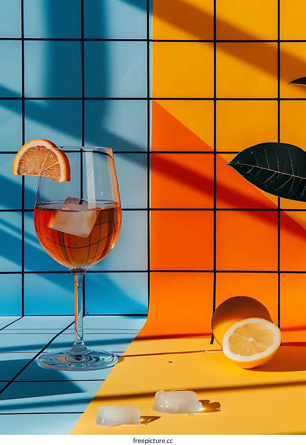 Glass of Orange Drink with Ice Cubes on a Blue and Yellow Tile Background