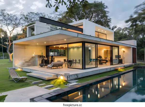 Modern Concrete House with Swimming Pool and Patio