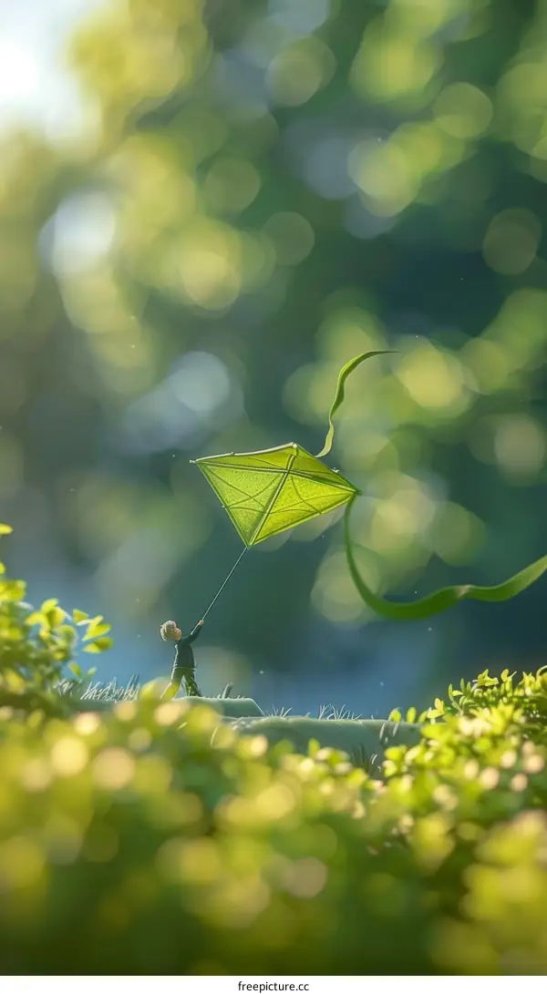 Boy Flying a Green Kite in a Lush Green Field