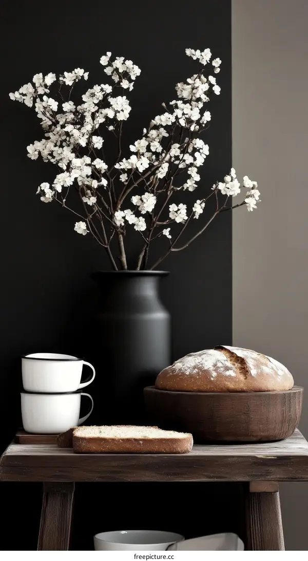 Elegant Still Life with Flowers and Bread