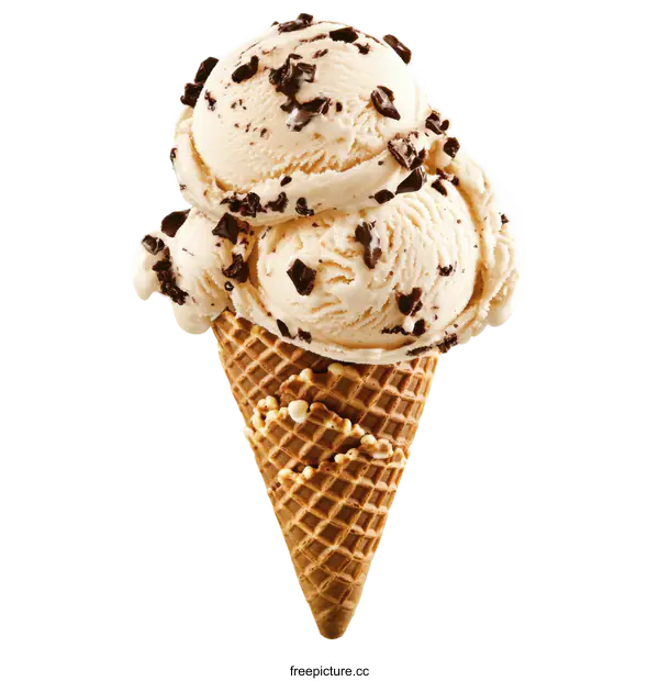 [Transparent Background PNG]Delicious Vanilla Ice Cream with Chocolate Chips in Waffle Cone