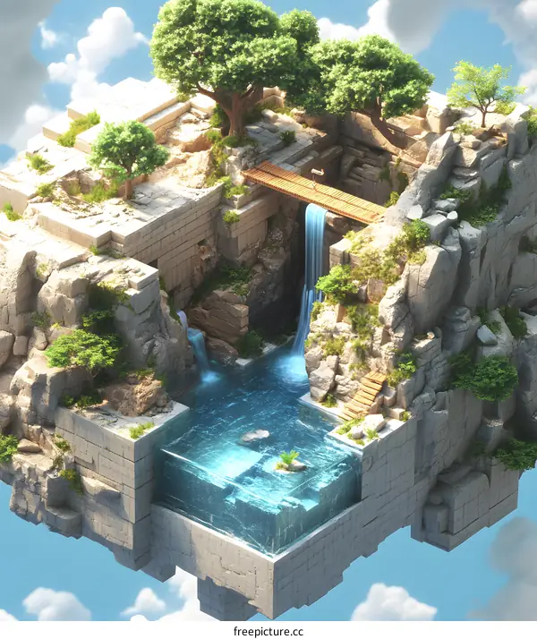 Floating Island with Waterfall and Trees