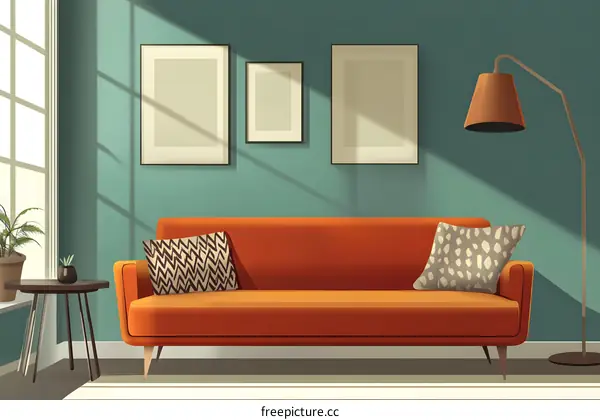 Modern Living Room Interior Design With Orange Sofa And Three Pictures
