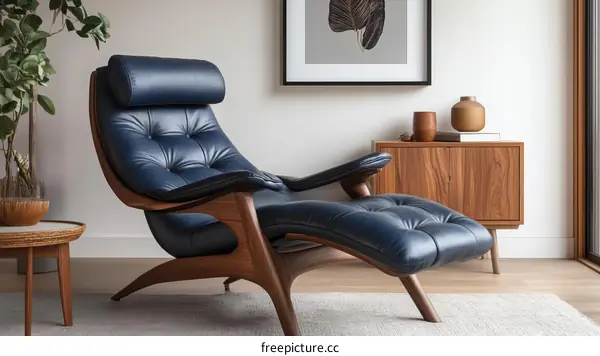 Modern Navy Leather Recliner and Side Table Set