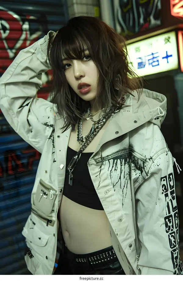 Japanese Woman in a White Jacket with Graffiti and a Black Crop Top Standing in a City Setting