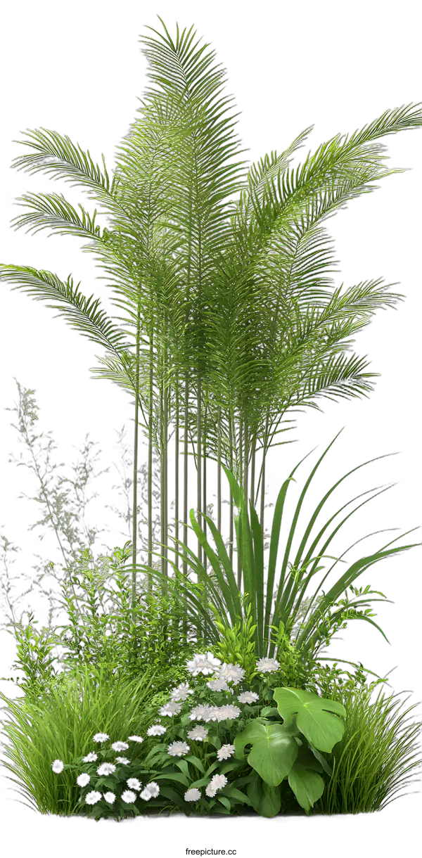 [Transparent Background PNG]Tropical Plants with White Flowers on White Background