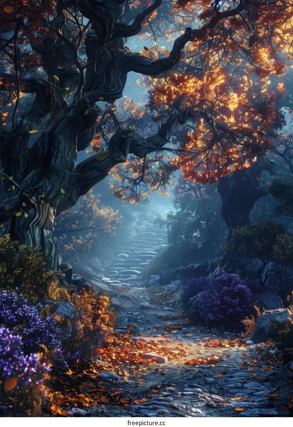 Mystical Forest Path Leading to an Epic Scene with Tall Trees and Colorful Leaves in Autumn