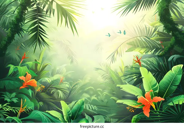 Tropical Rainforest Illustration With Green Leaves And Red Flowers