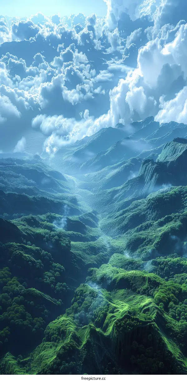Natural scenery, lush green mountains and blue sky