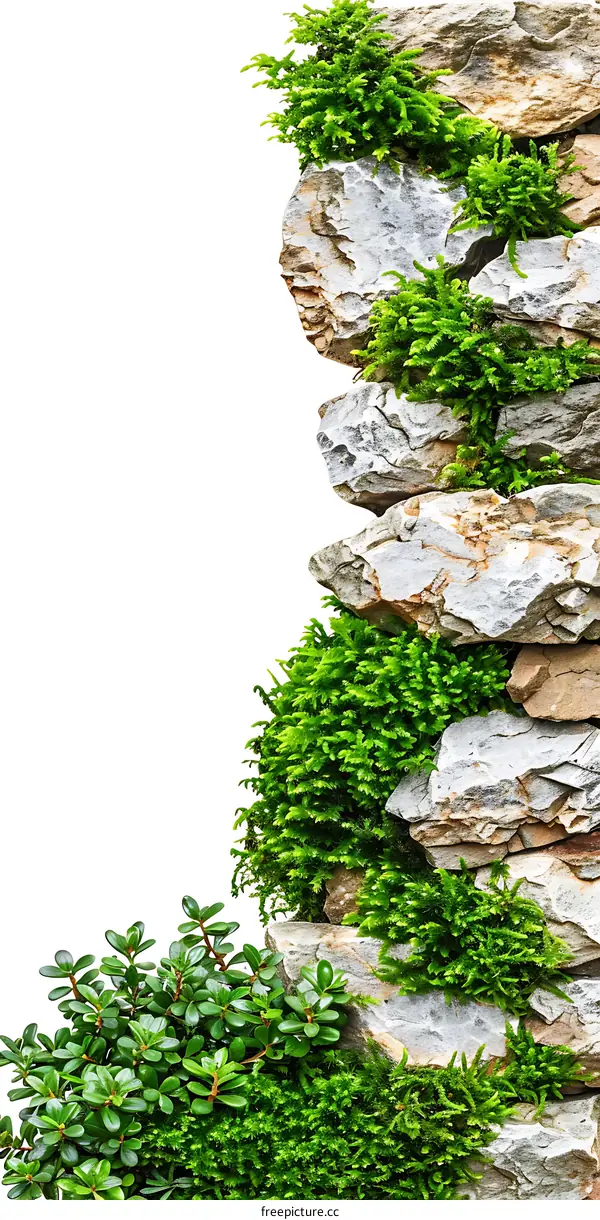 Green Moss and Plants Growing on Stacked Stone Wall