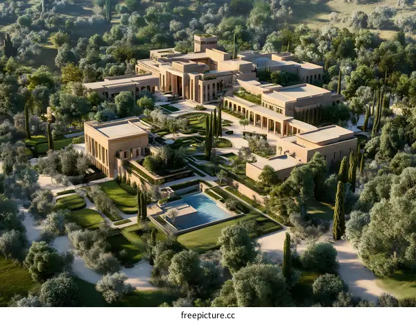 Aerial View of Modern Villa with Lush Gardens and Swimming Pool