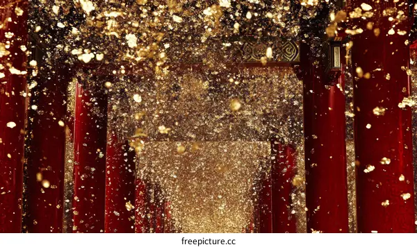 Golden Particles Falling Through a Red Archway