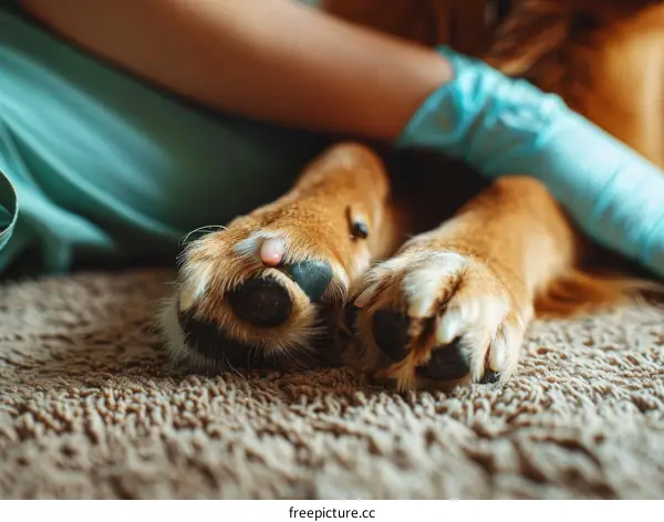 Close-up of a veterinarian examining a dog's paw