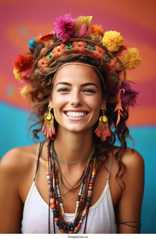 Smiling woman wearing a colorful floral headdress and beaded necklaces
