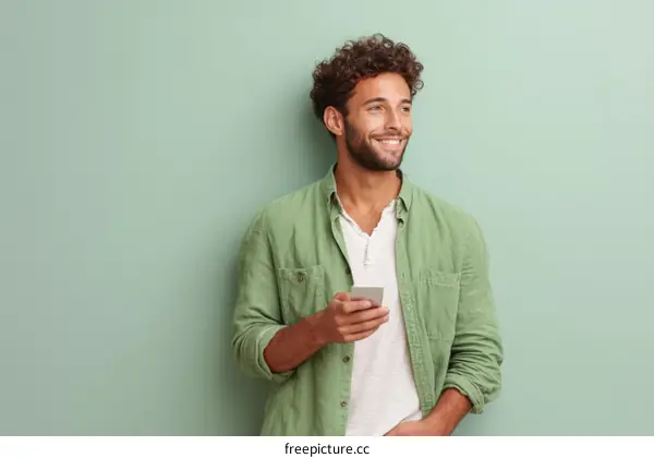 Smiling Man Using Smartphone Against Sage Green Background