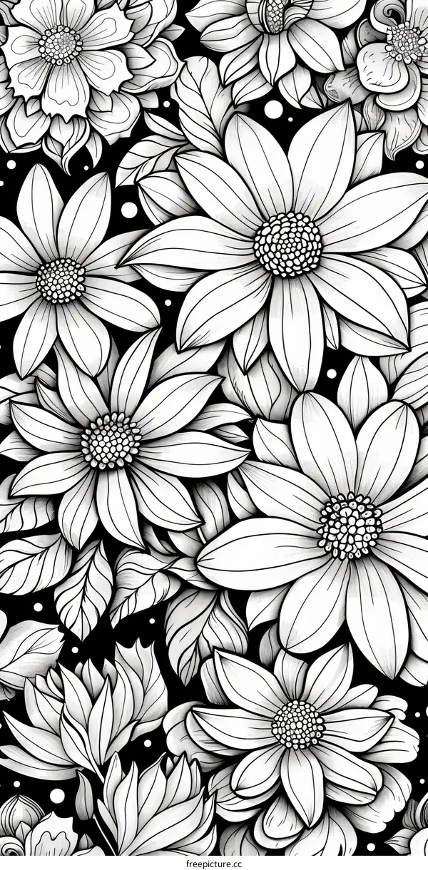 Black and white floral seamless pattern. Coloring book page for adults.