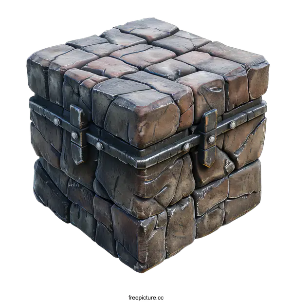 [Transparent Background PNG]Stone Cube with Metal Straps