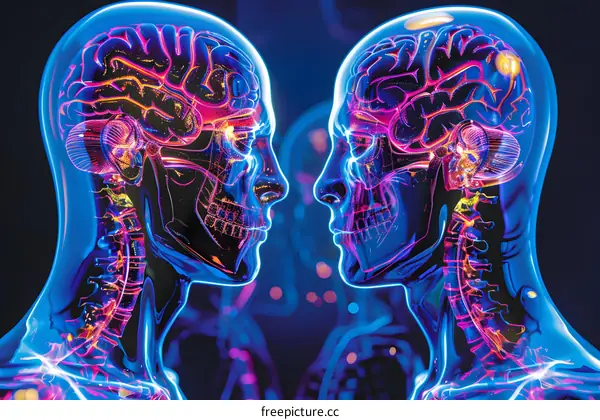 Two glowing blue human heads facing each other