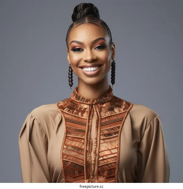 portrait of a smiling black woman with braided hair wearing a brown blouse