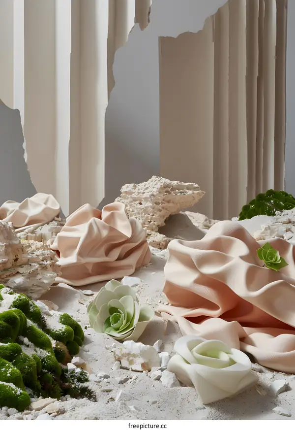 Abstract Still Life with Crinkled Fabric and Green Plants on Sand