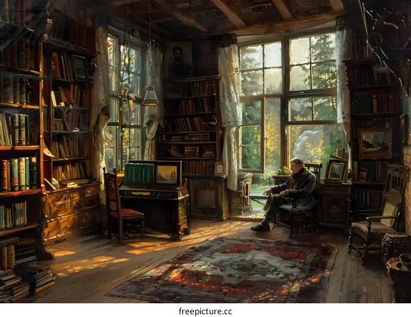 An elderly man sits in a chair in a library, reading a book.